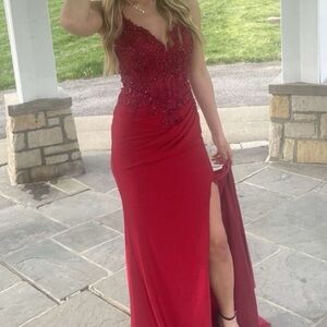 Elegant Red Gown with Beaded Bodice